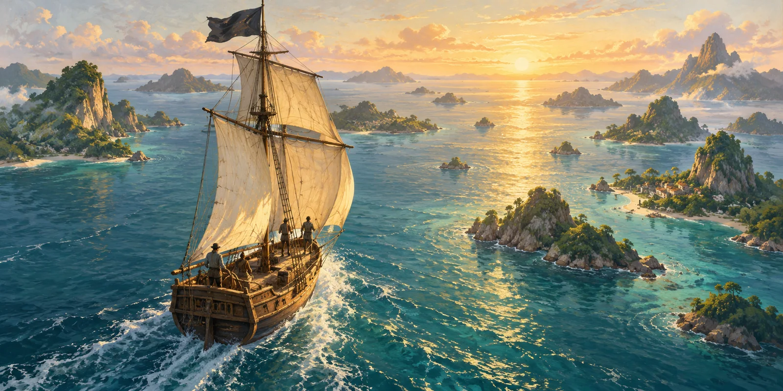 A small sailing ship makes its way between sunlit islands.