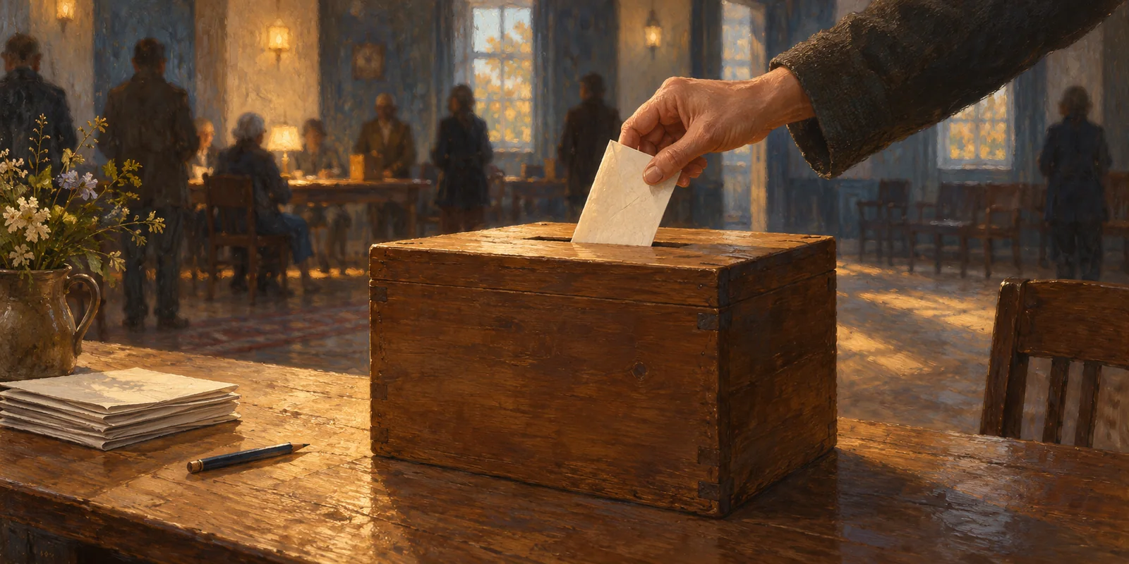 A hand places a folded paper ballot into a wooden ballot box.