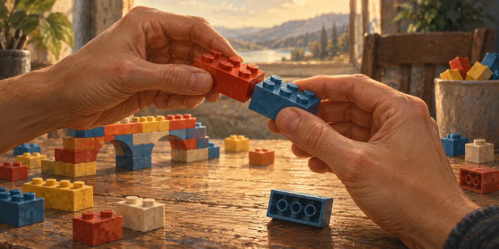 Hands connect colorful construction bricks beside a small model bridge.
