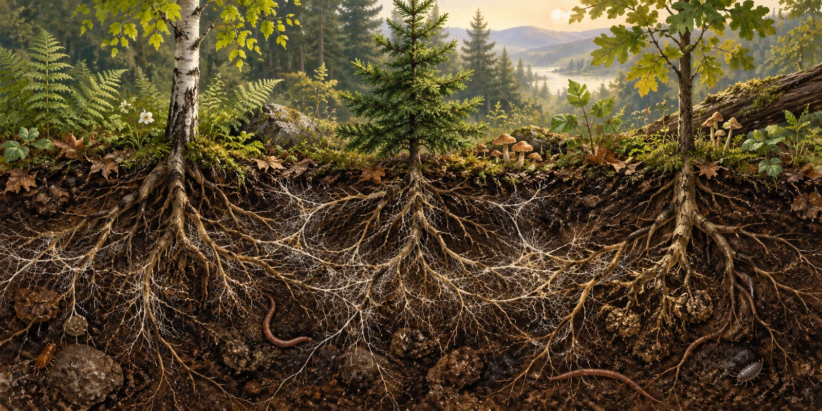 A thriving forest above a cutaway of soil, roots and mycelium.