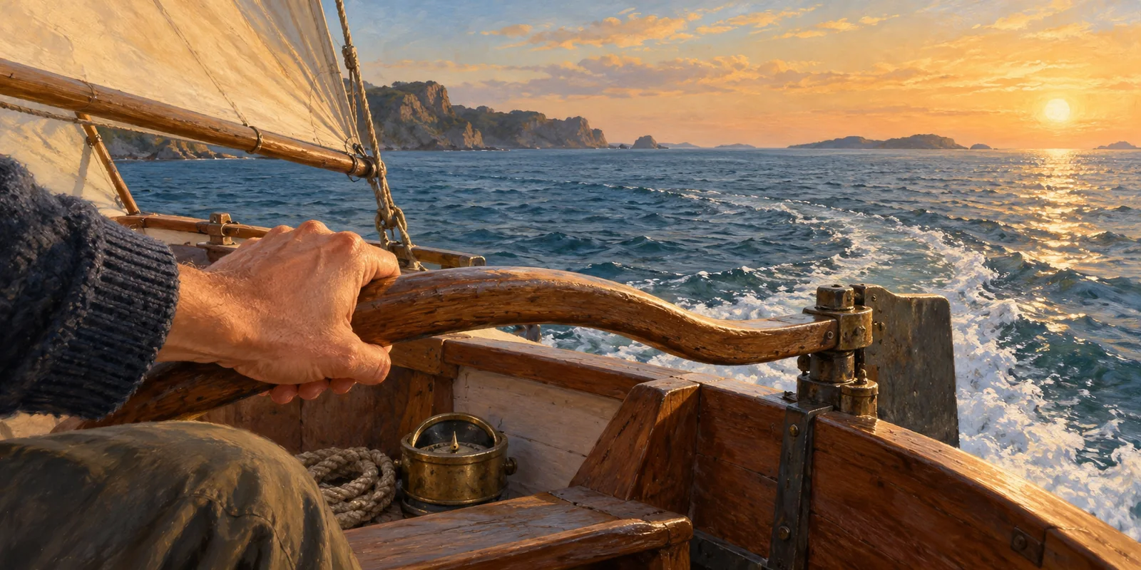 A hand steers a wooden sailboat with its tiller over a calm blue sea.
