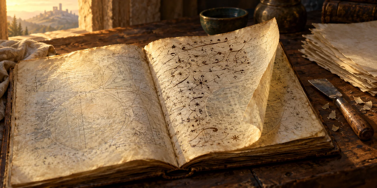 Faint geometric drawings show through layers of an old parchment manuscript.