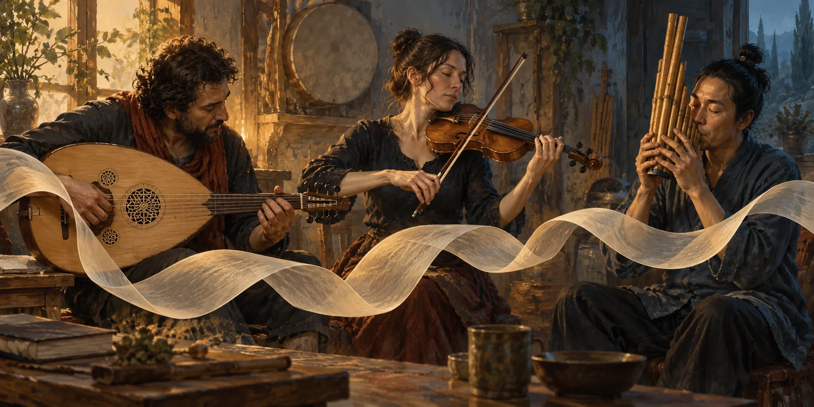 Musicians play distinct acoustic instruments together in a warm wooden room.
