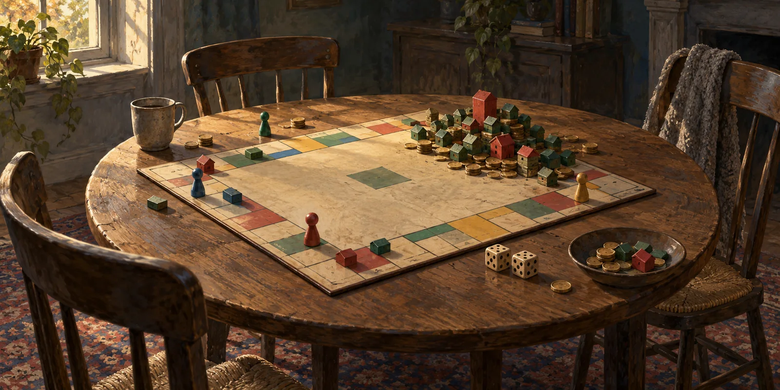 An abandoned board game has most of its houses and coins piled in one corner.