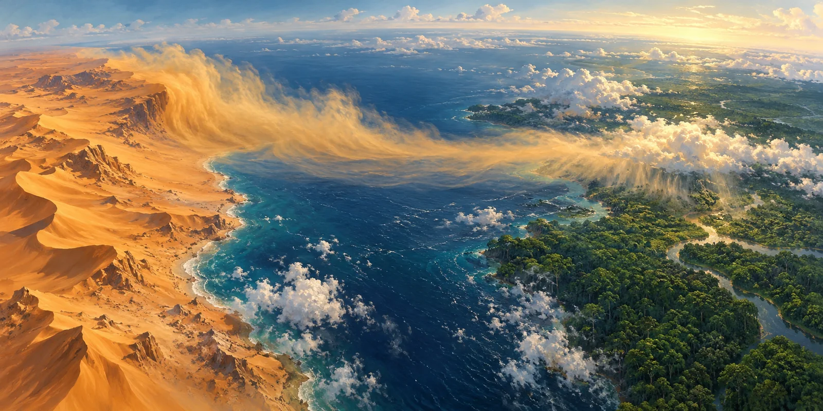 A plume of desert dust crosses the ocean toward a green rainforest.