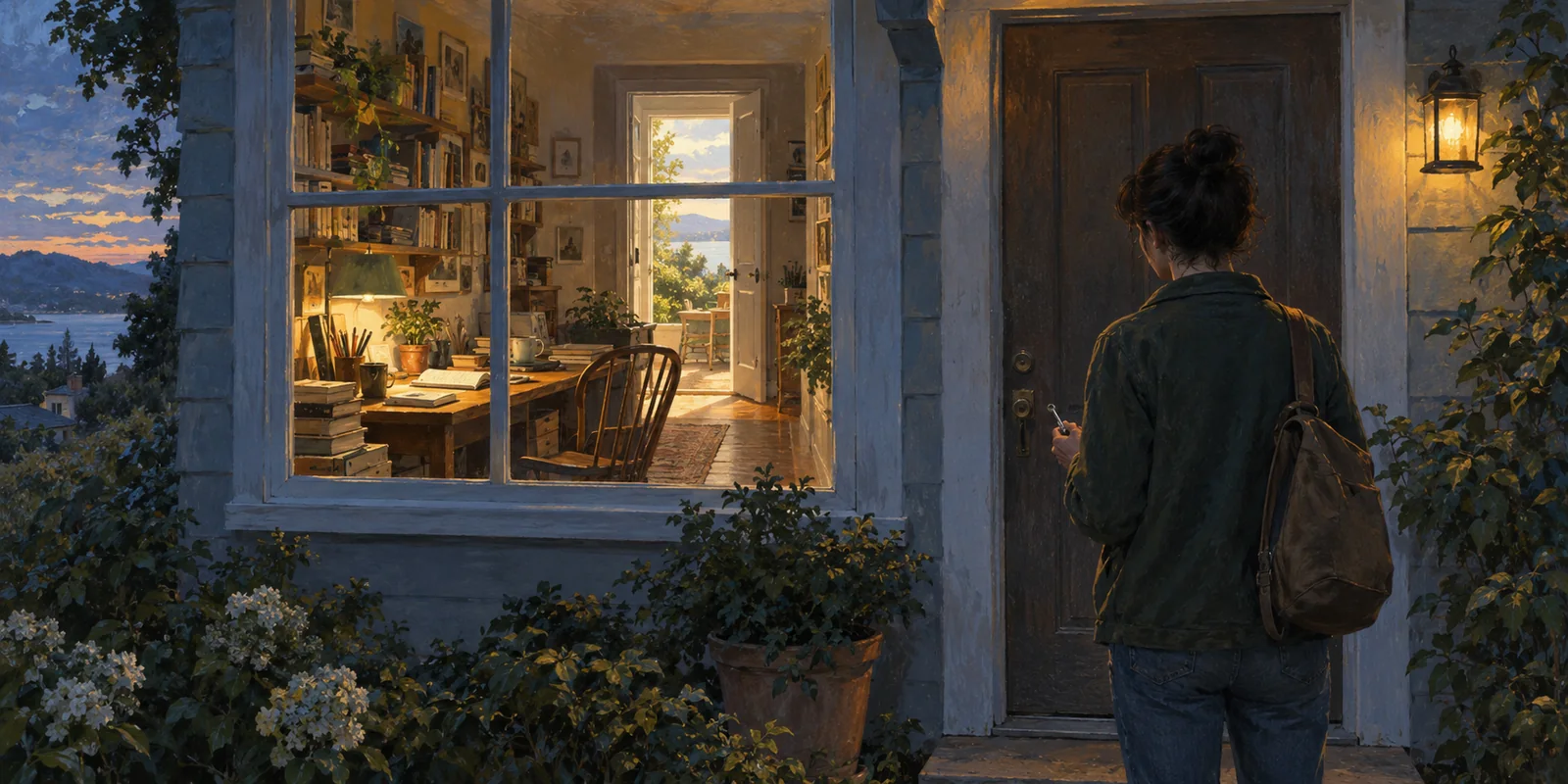 A person waits outside a closed door beside a window into their study.
