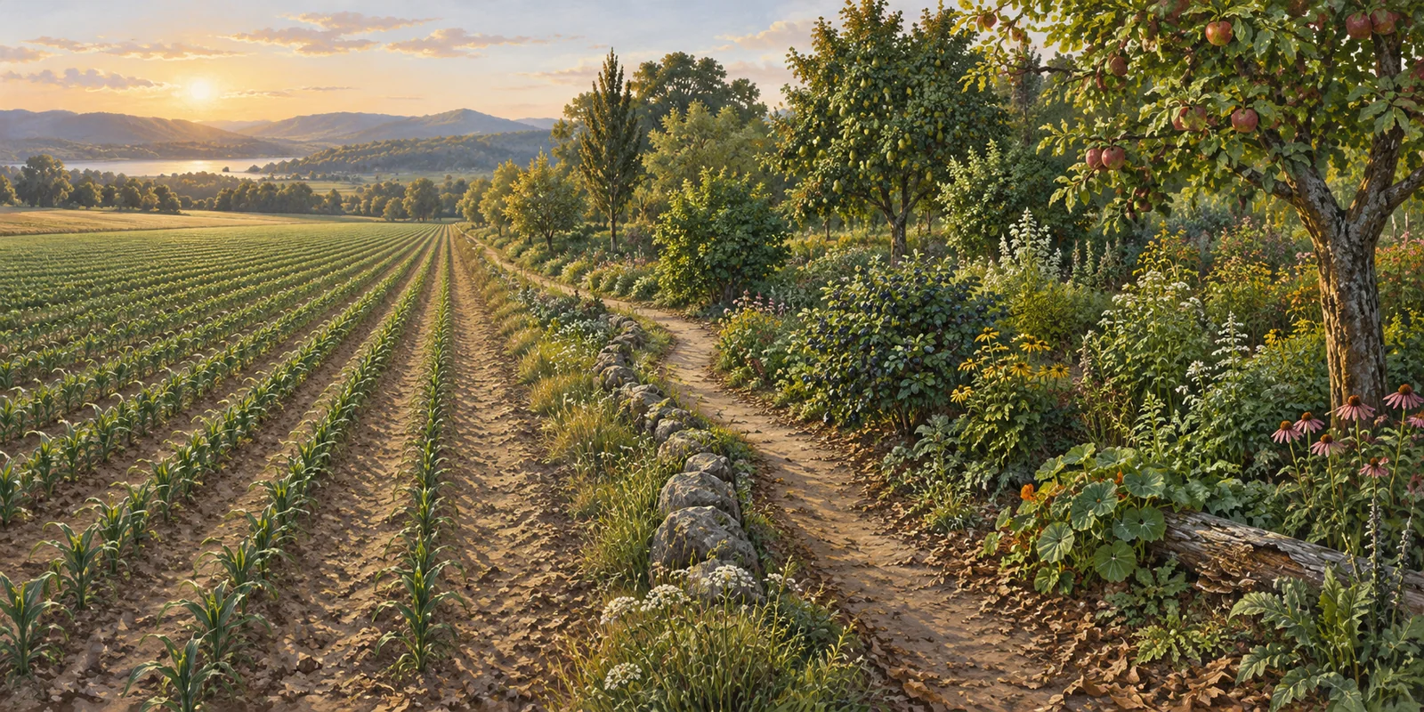 Orderly crop rows meet a diverse forest along a winding path.