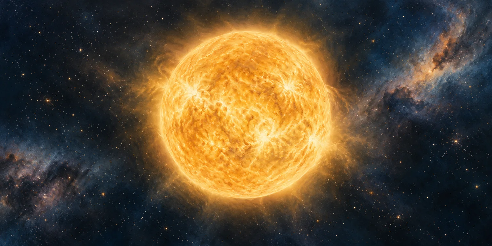 A luminous golden star against a deep blue field of stars.