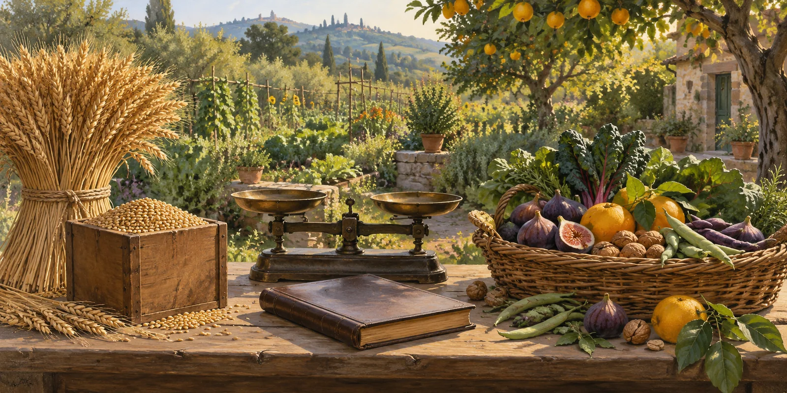 A measured sheaf of grain and a basket of varied produce share a garden table.