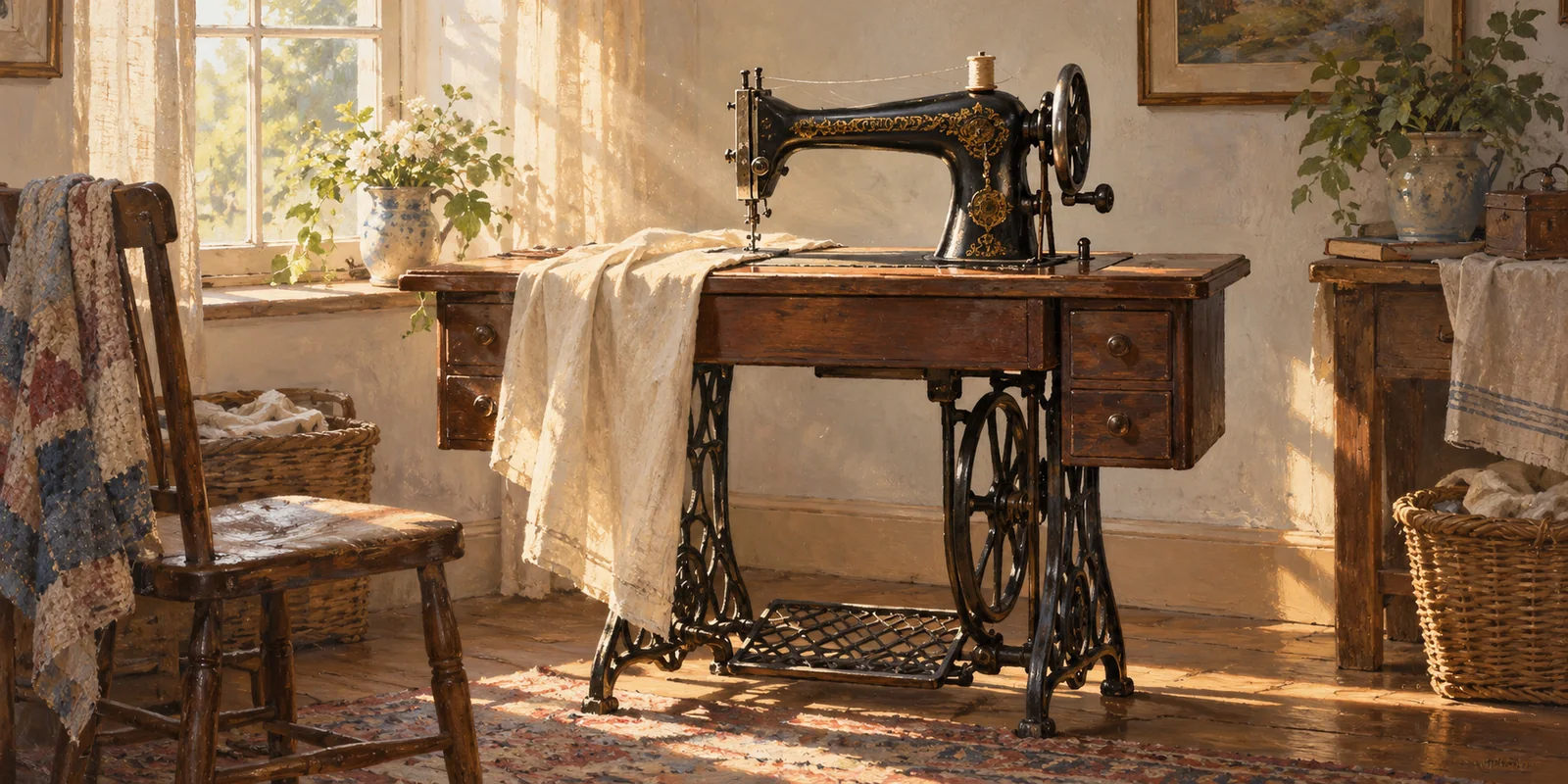 A well-used treadle sewing machine stands in a sunlit room.