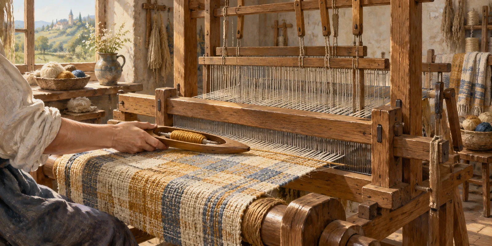 A wooden handloom exposes the threads and mechanism that weave its cloth.
