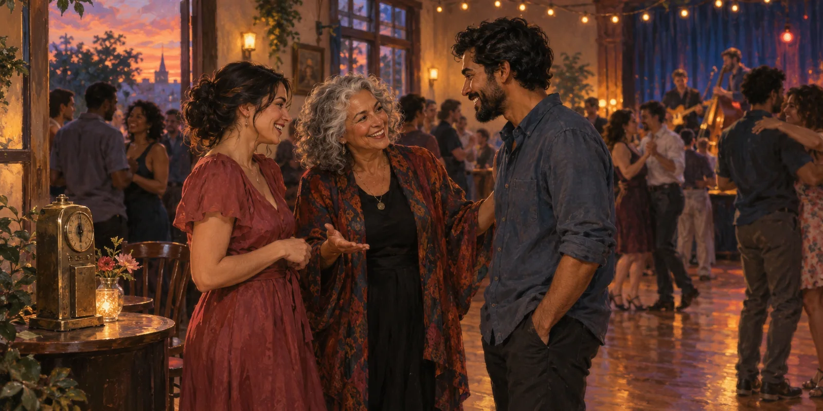 A friend introduces two people in a lively neighborhood dance hall.