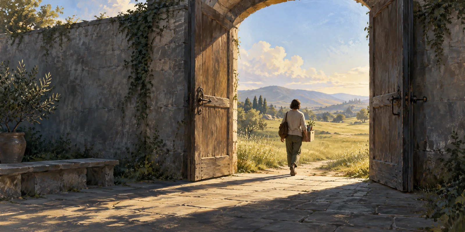 A person carries a box through an open door into a sunlit meadow.