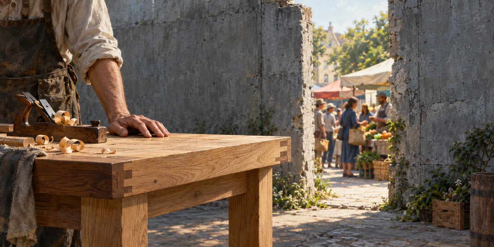A carpenter works on a wooden table beside an opening onto a street market.