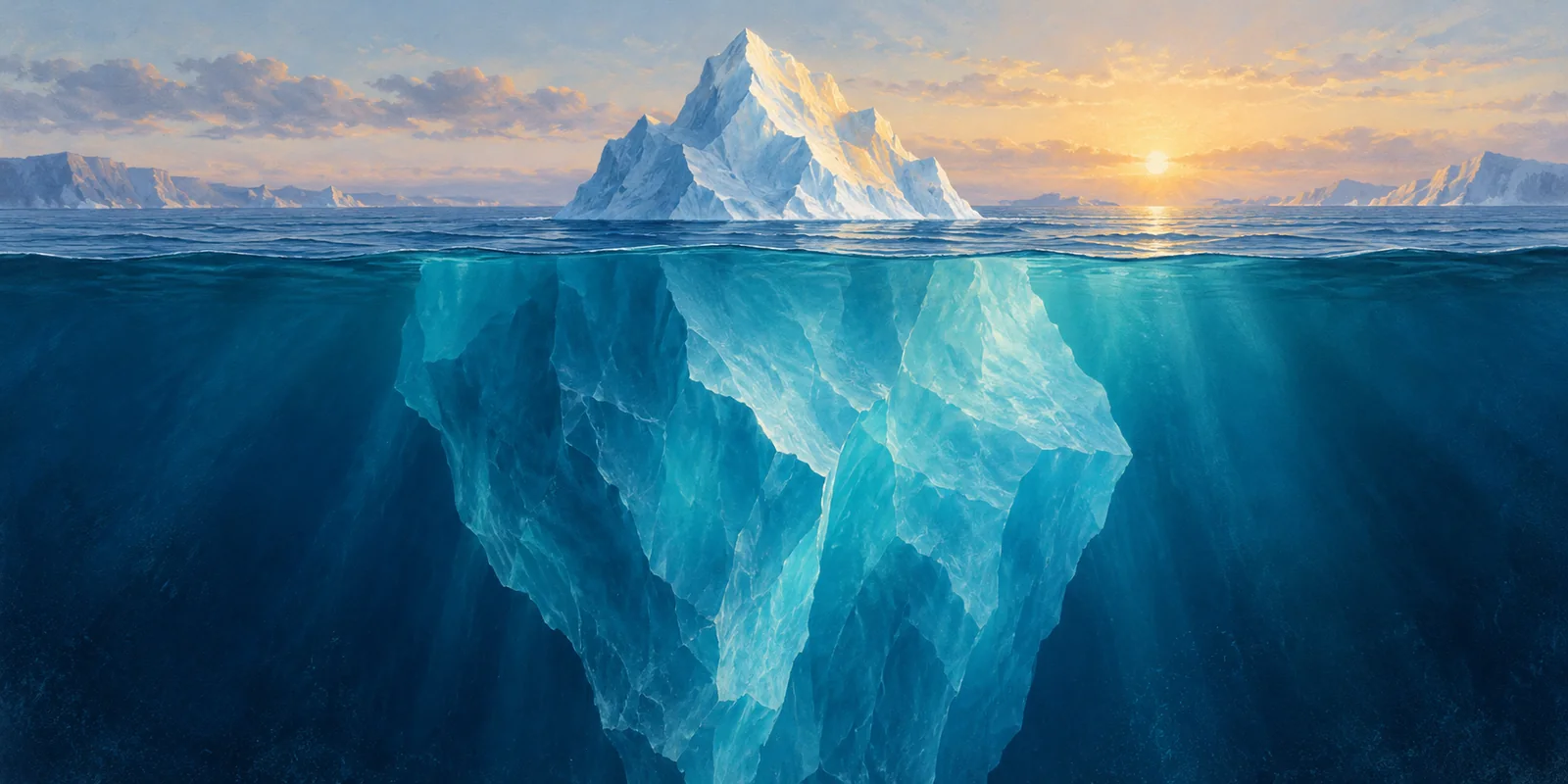 A small iceberg peak reveals a much larger translucent body beneath the water.