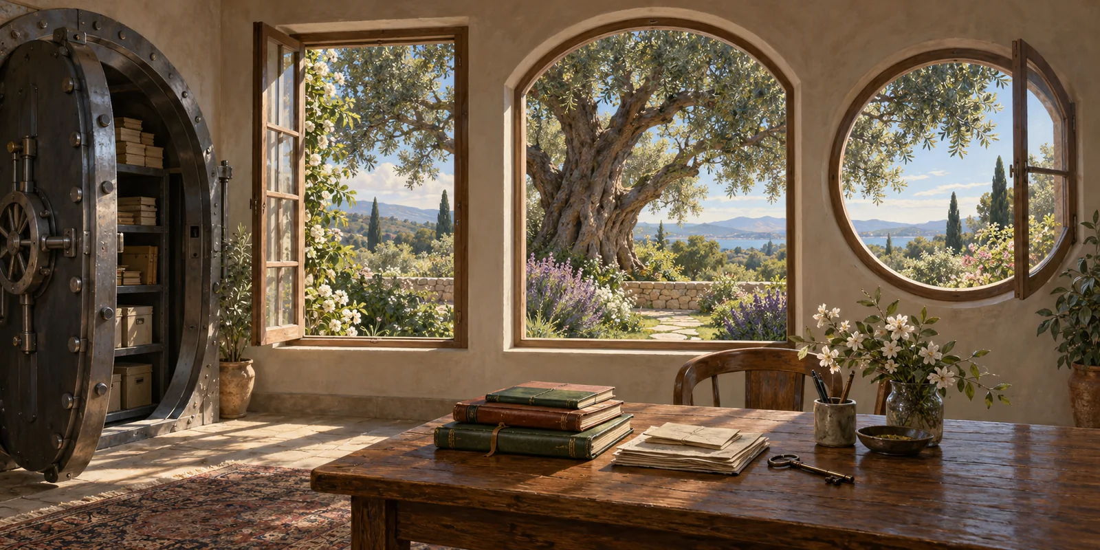 Three open windows look onto one garden beside an archive of personal papers.