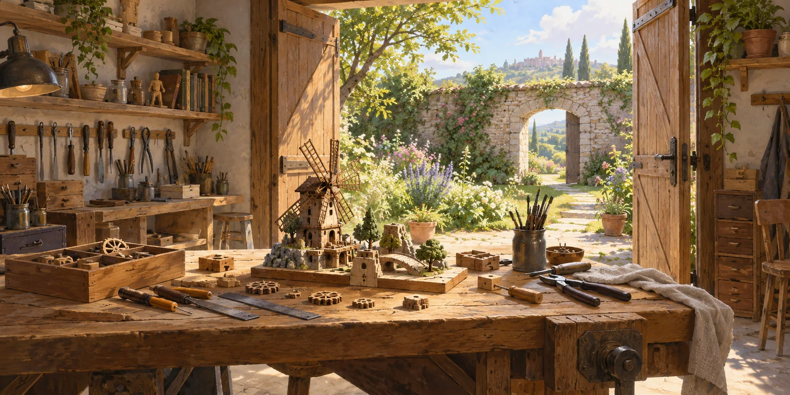 An open workshop with tools and a model on its workbench leads into a garden.