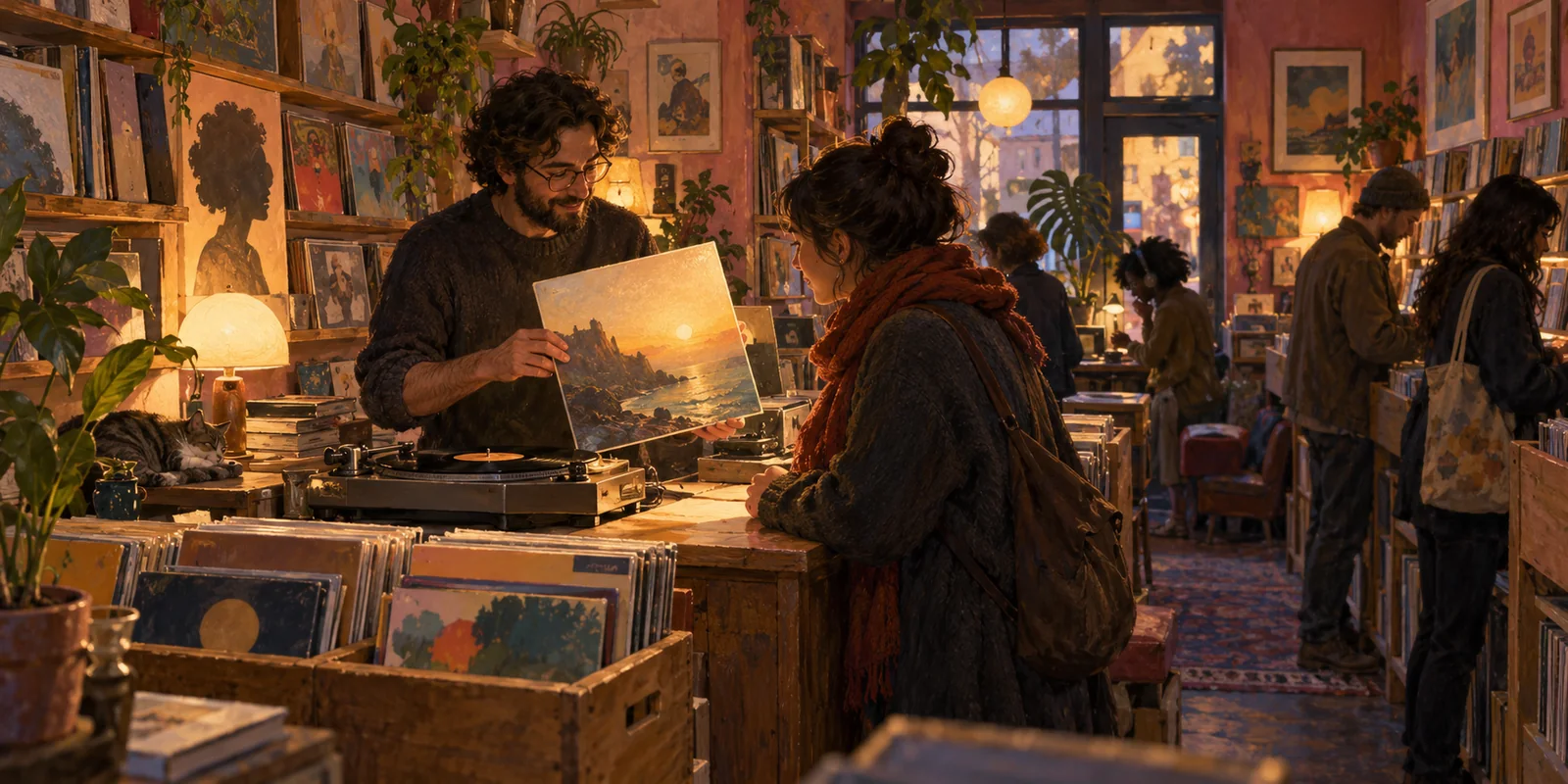 People browse and share records in a warmly lit neighborhood record shop.