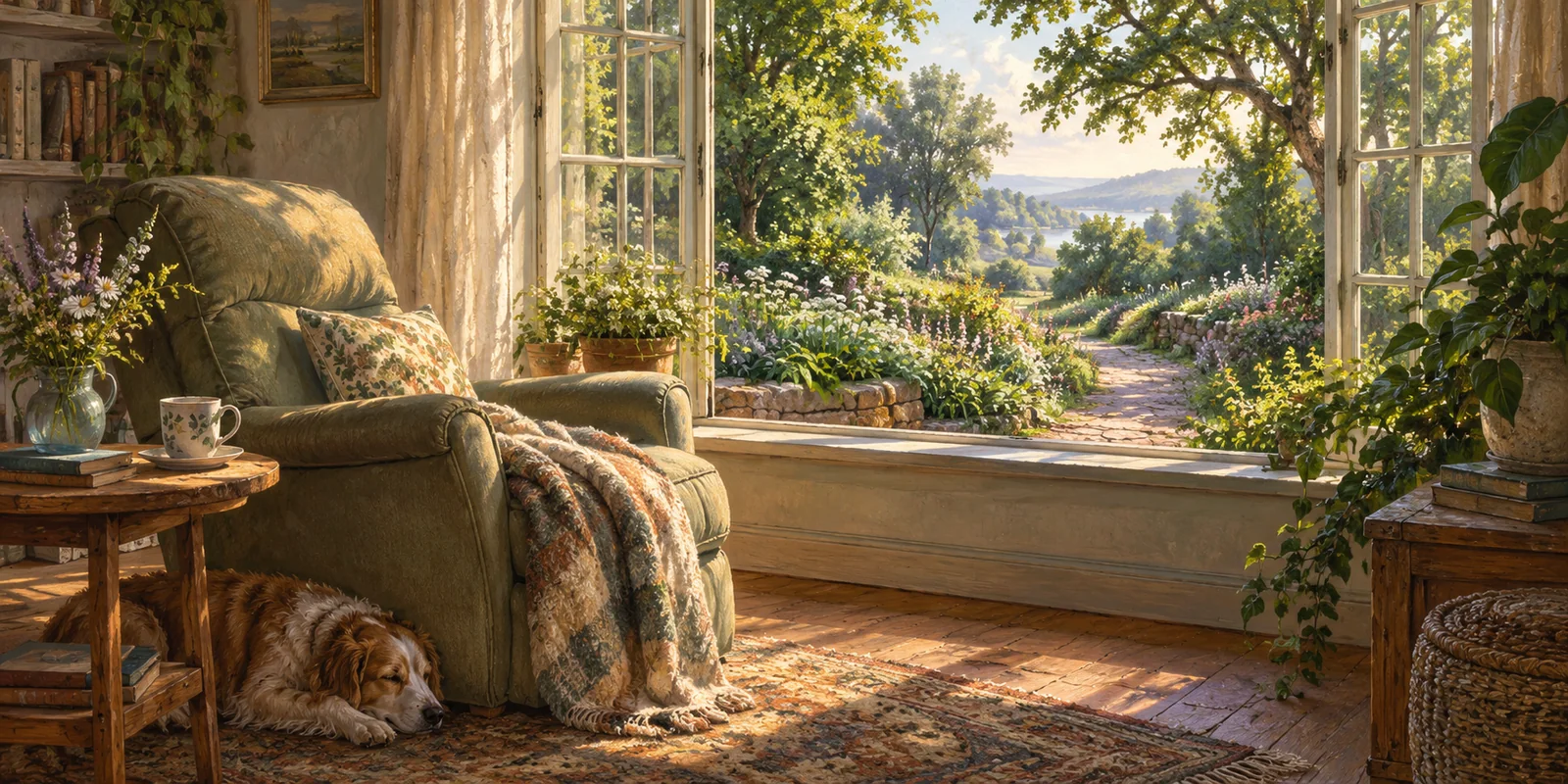 A comfortable chair and blanket wait beside a window overlooking a quiet garden.