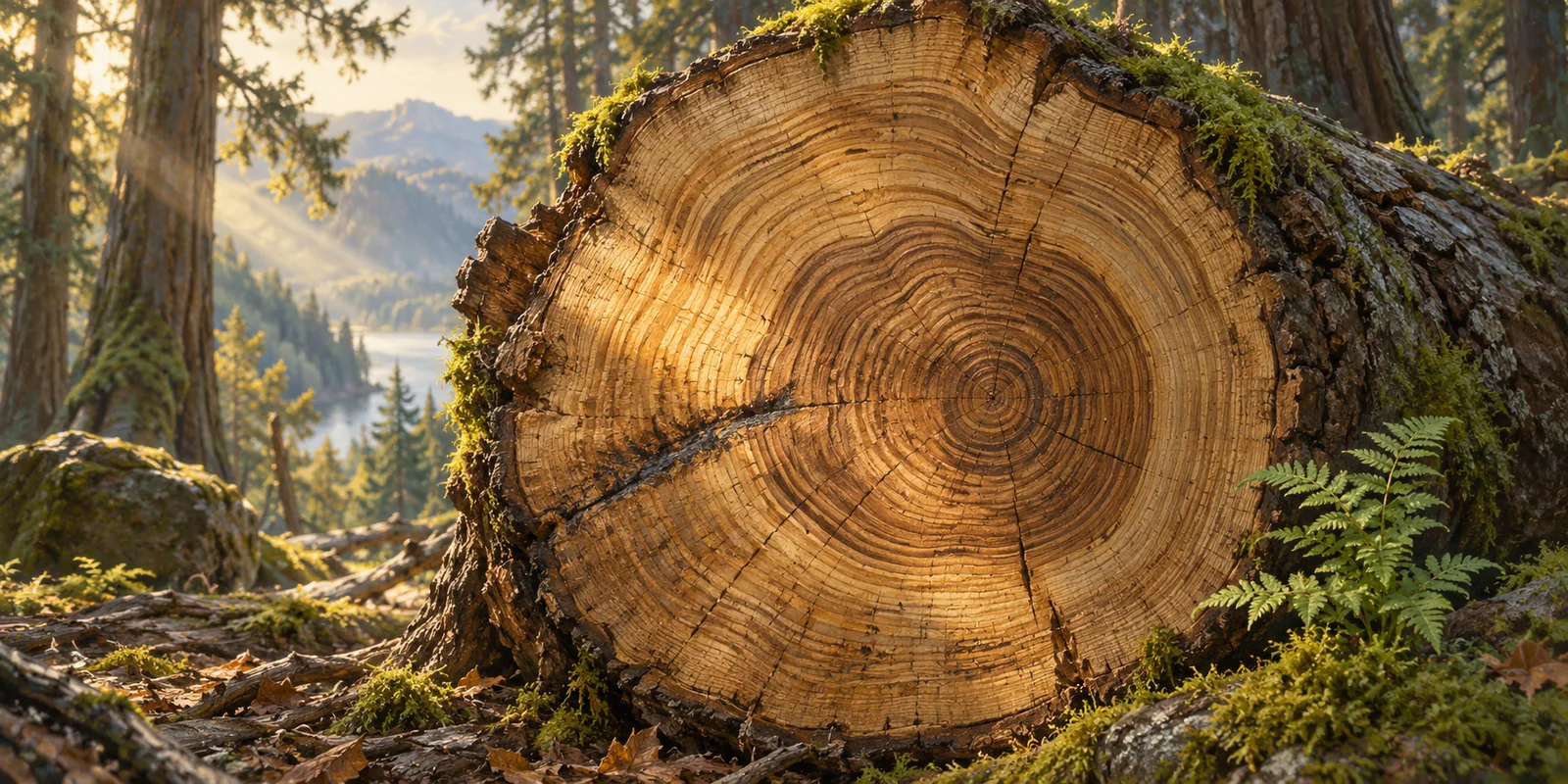 The growth rings of an old fallen tree are surrounded by moss and ferns.