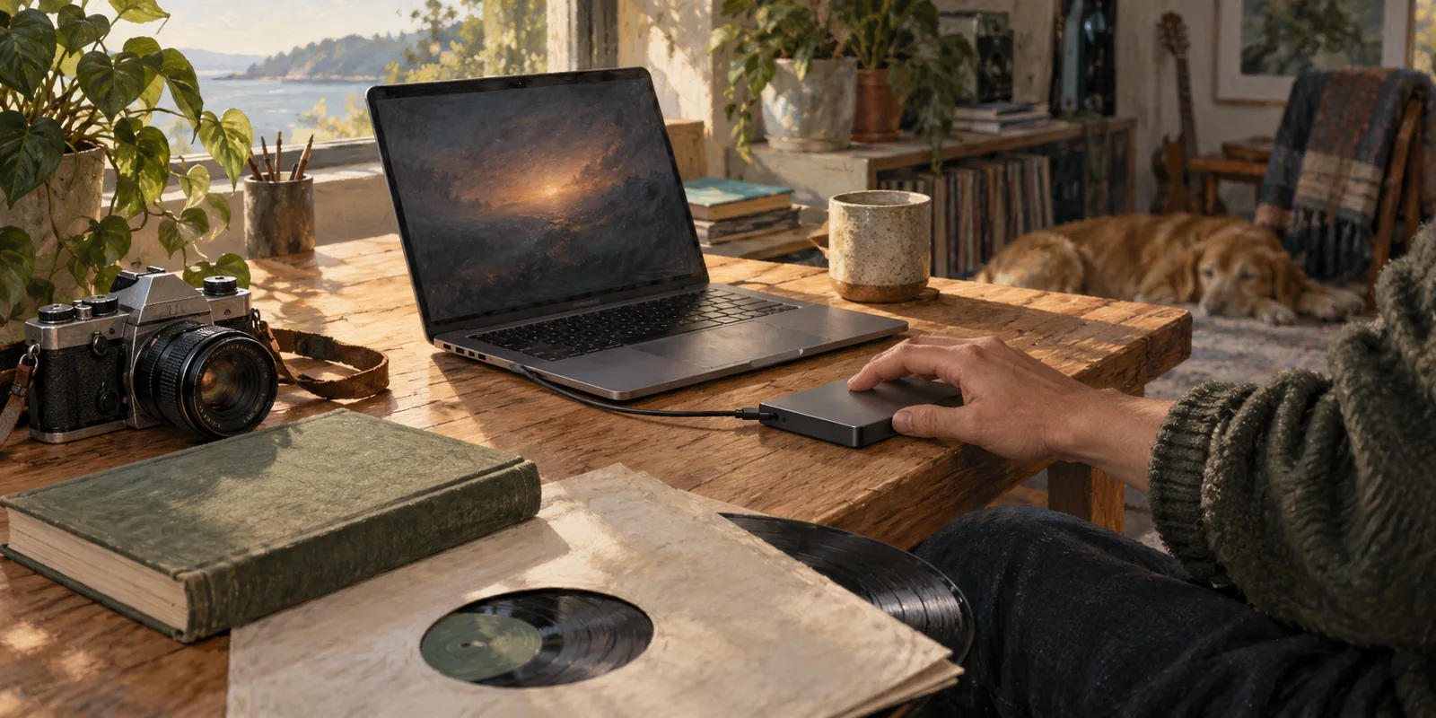 A hand rests on a portable drive beside a laptop, camera, book and record.