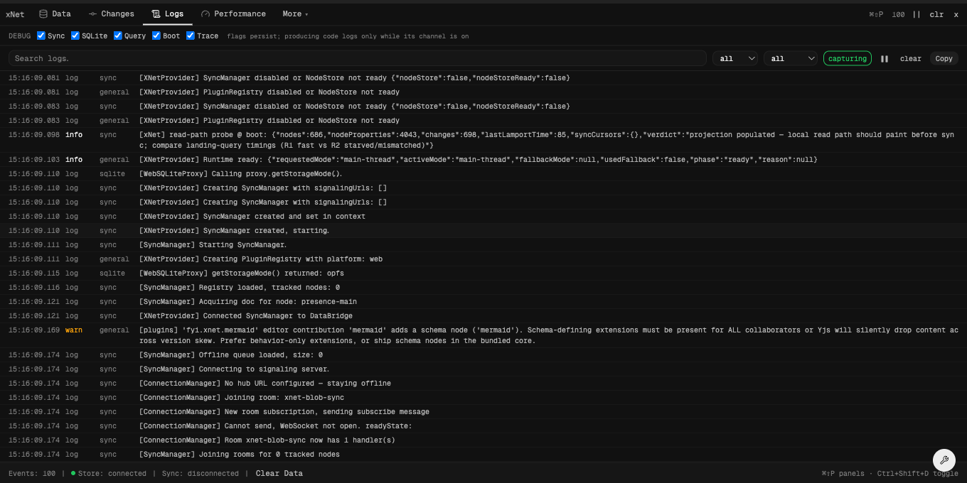 xNet DevTools — Logs panel