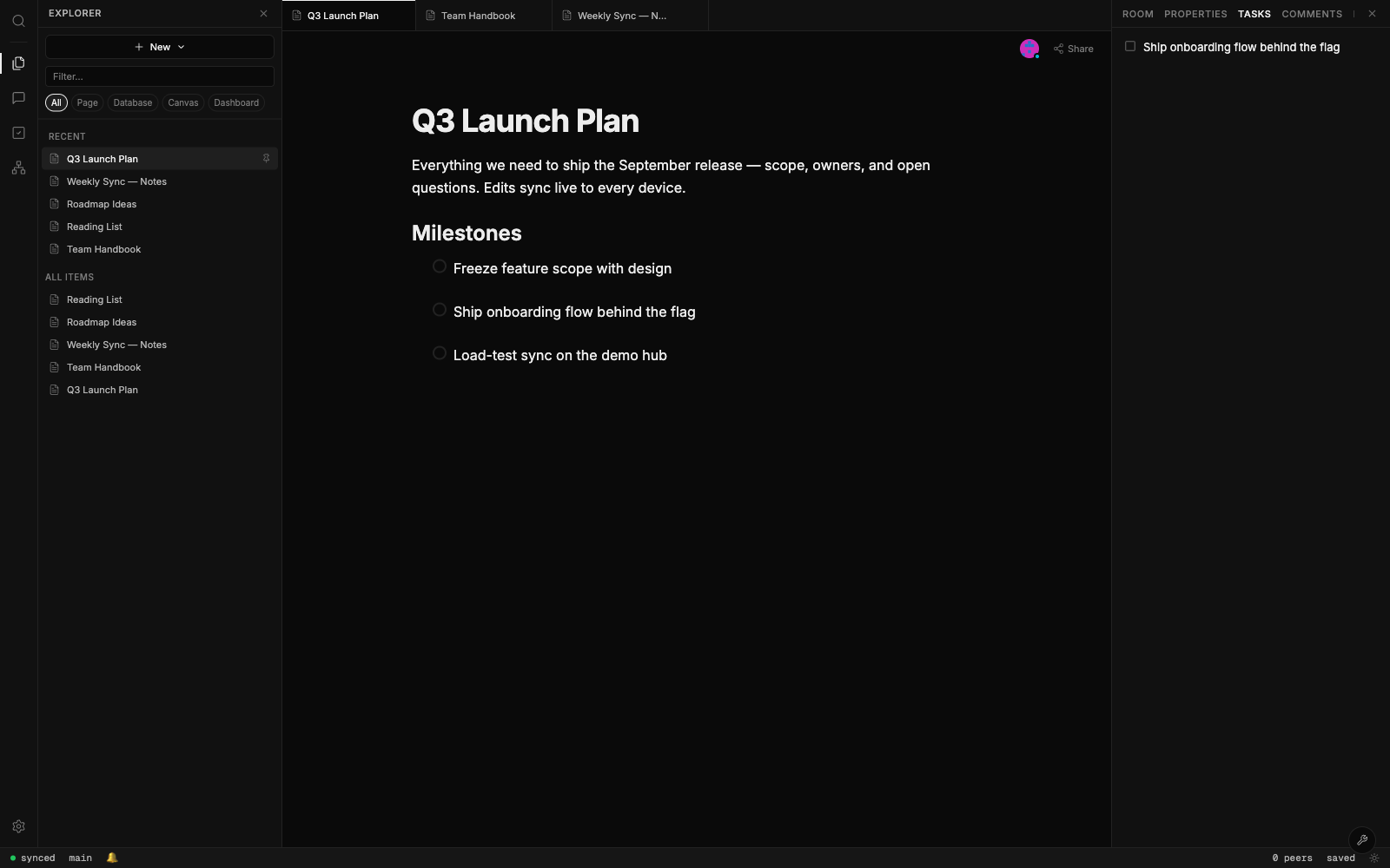 The xNet workbench in dark mode: a Q3 Launch Plan document with a task checklist, tabbed pages, the Explorer panel, and a contextual tasks panel