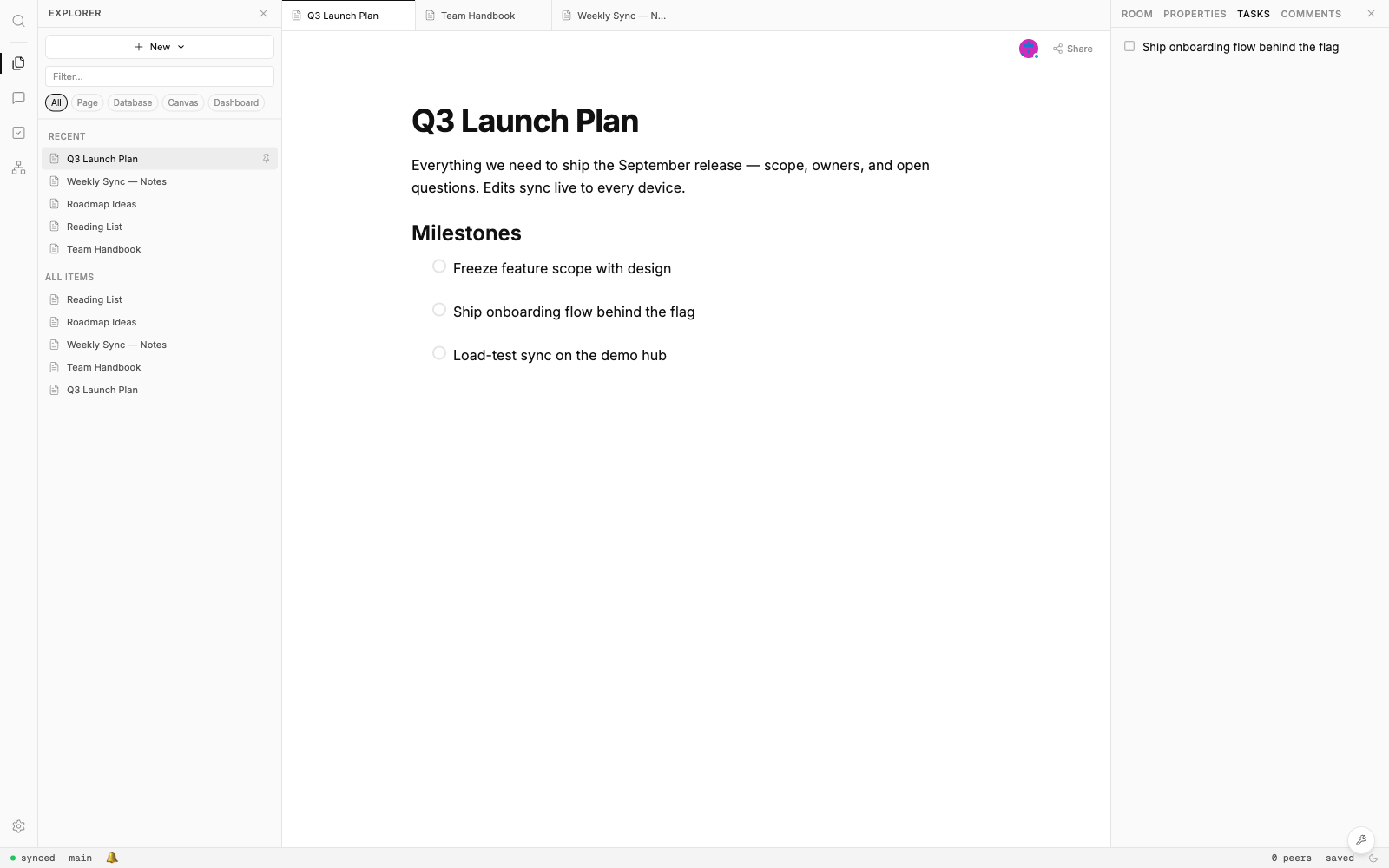 The xNet workbench in light mode: a Q3 Launch Plan document with a task checklist, tabbed pages, the Explorer panel, and a contextual tasks panel